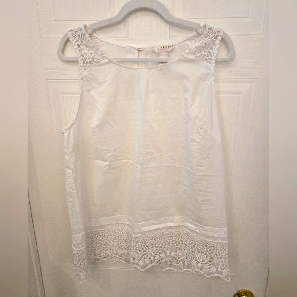 XL Cotton Sleeveless White Lace Trim Top